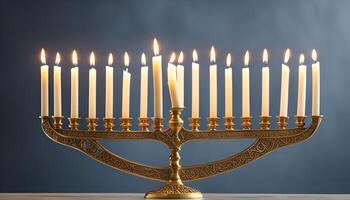 Menorah with Lit Candles photo