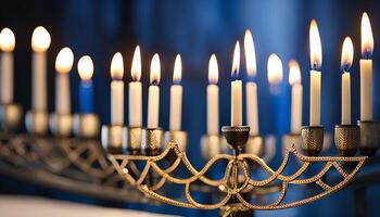 Lit Menorah with a Blue Background photo