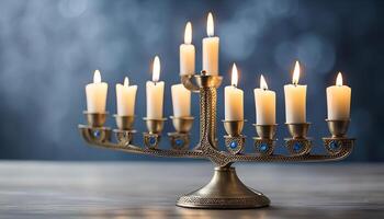 Golden Menorah with Burning Candles photo