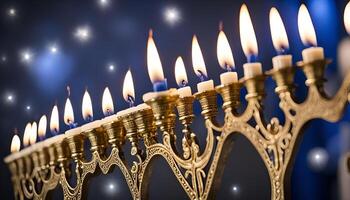 Golden Menorah with Lit Candles photo
