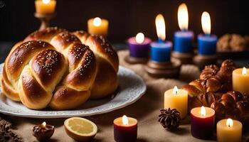Shabbat Table Setting with Challah and Candles photo