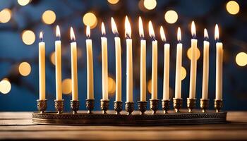 Menorah with burning candles for Hanukkah celebration photo