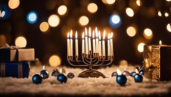 Menorah with Candles and Decorations photo