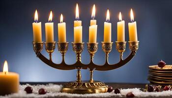 Golden Menorah with Burning Candles for Hanukkah photo