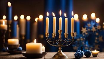 Candles on a Table with a Blue Background photo