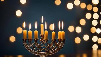Golden Menorah with Burning Candles photo