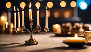 Candles lit on a table photo
