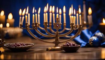 Menorah with Lit Candles on a Wooden Table photo