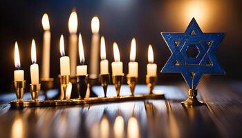 Celebrating Hanukkah with Lit Candles and Star of David photo