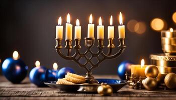 Menorah with Candles and Sufganiyot photo