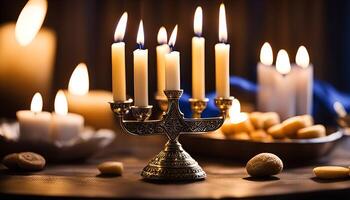 Candlestick with lit candles in a warm and inviting setting photo