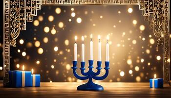 Menorah with candles and gifts for Hanukkah photo
