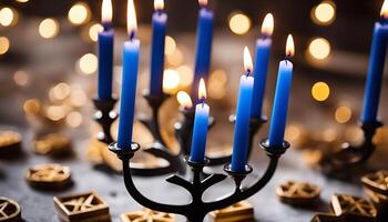 Blue Candles on Black Candelabra with Warm Lights photo