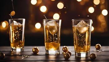 Three glasses of champagne with ice cubes on a wooden table with a blurred bokeh background photo