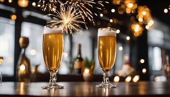 Two glasses of beer with sparklers on a table in a bar photo