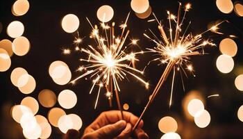Sparkling Celebration A Close Up of Two Sparklers Held by a Hand Against a Background of Golden Bokeh Lights photo