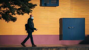 Man Walking on a Sidewalk in Front of a Yellow Building photo