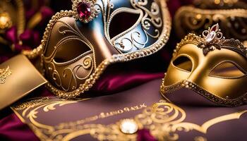 Golden Venetian Masks on a Luxurious Background photo