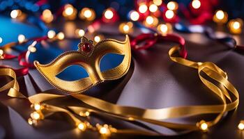 Golden Masquerade Mask with Festive Lights photo