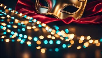 Golden Mask with Bokeh Lights and Red Fabric photo