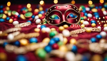 Venetian Mask on Red Fabric with Festive Beads photo
