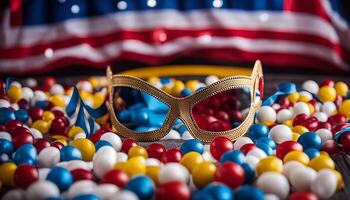 Golden Mask on a Bed of Colorful Candy photo