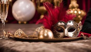 Elegant Masquerade Mask with Feathers and Champagne photo