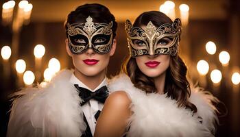 Two Women in Masks at a Masquerade Ball photo