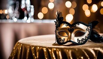 Elegant Golden Mask on a Sequined Tablecloth photo