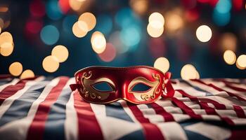 Red and Gold Mask on Striped Fabric with Bokeh Background photo