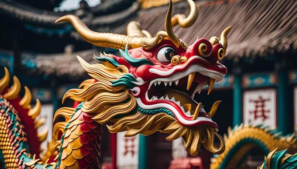 A Chinese Dragon Statue in Red and Gold photo