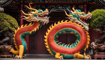 Two Colorful Dragons in Front of a Temple photo