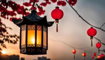 Illuminated Lantern with Red Lanterns During Sunset photo