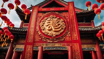 Traditional Chinese Architecture with Red Lanterns photo