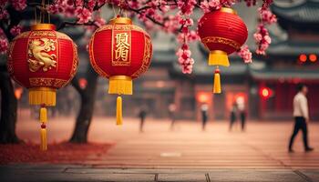 Red Lanterns Hanging From Tree Branches photo