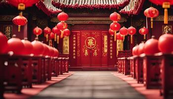 Red Lanterns and a Red Door in a Chinese Temple photo