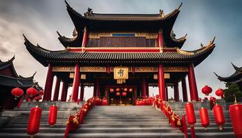 Ancient Chinese Temple with Red Lanterns photo