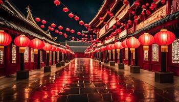 Red Lanterns Illuminated Pathway in China photo