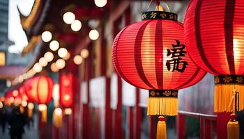 Red Lanterns and Chinese Characters in Festive Setting photo