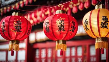 Chinese Lanterns Hanging In Front of a Red Building photo