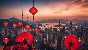 Hong Kong Skyline at Sunset with Red Lanterns photo