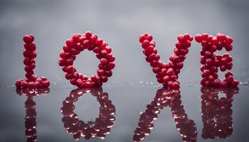 Creative arrangement of red berries spelling love on a reflective surface with soft lighting background photo