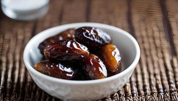 Dates in a Bowl on a Wicker Mat photo