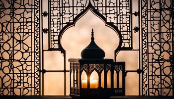 Ornate Lantern with a Glowing Candle in a Silhouette Framed by Intricate Window Patterns photo