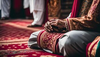 Man in Traditional Attire Kneeling on a Red Carpet photo