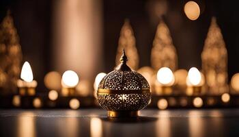 Ornate Lantern with Warm Glow in a Mystical Setting photo