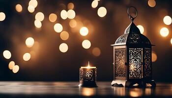 Ornate Ramadan Lantern and Candle on a Table with Bokeh Lights photo