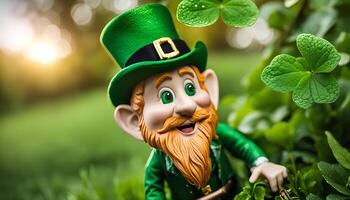A smiling leprechaun in a green hat peeking out from behind a patch of clovers photo