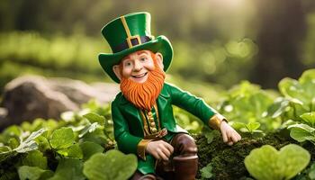 Smiling Leprechaun in a Lush Green Forest photo