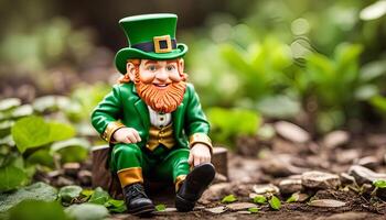 A Smiling Leprechaun Sitting on a Log in a Lush Green Forest photo